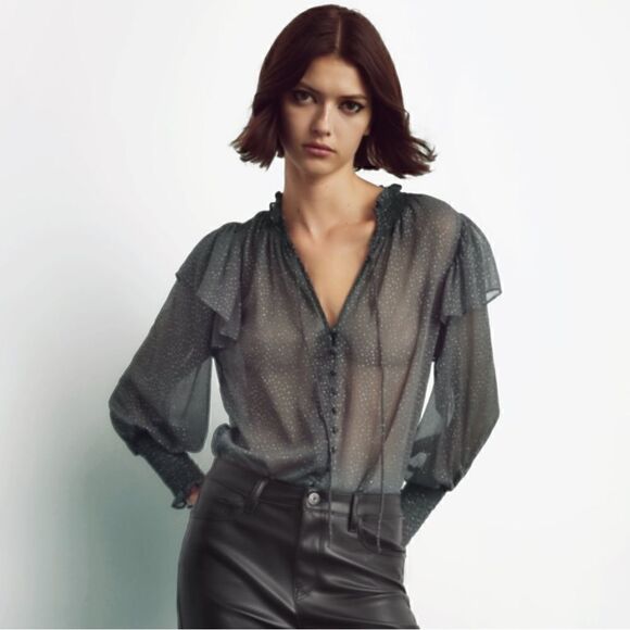 ZARA SPARKLY SEMI-SHEER METALLIC DOT BLOUSE - Picture 3 of 8